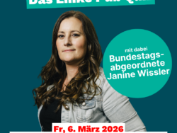 Das Bild bewirbt ein Pubquiz mit der Bundestagsabgeordneten Janine Wissler. Vor einem dunkeltürkisen Hintergrund ist ein Foto von Janine Wissler abgebildet. Über dem Kopf vom Janine Wissler steht oben im Bild "Wissler will's wissen! Das Linke Pub Quiz". Rechts neben Janine Wissler ist ein türkisener Kreis abgebildet, in dem steht "mit dabei Bundestagsabgeordnete Janine Wissler". Unten im Bild sind folgende Daten abgebildet: Fr, 6. März 2026, Einlass 19:30 Uhr, Beginn 20:00 Uhr, Bogside Irish Pub, Domstraße 93, 63067 Offenbafch."